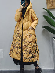 Casual Versatile Floral Print Hooded Coat