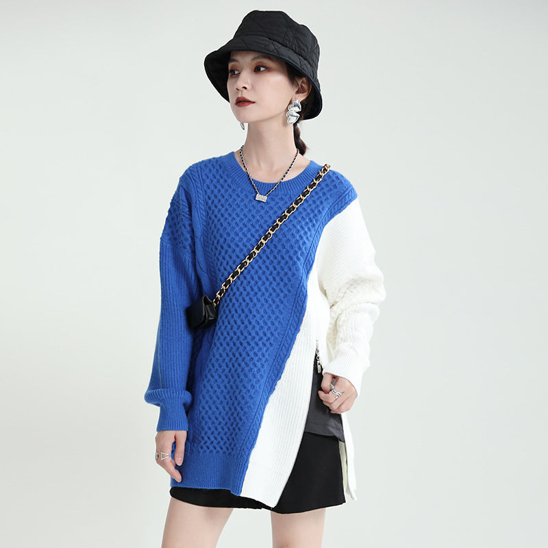 Simple Loose Color-Block Zipper Knitted Sweater