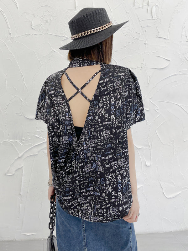 Short Sleeves Backless Printed Blouse