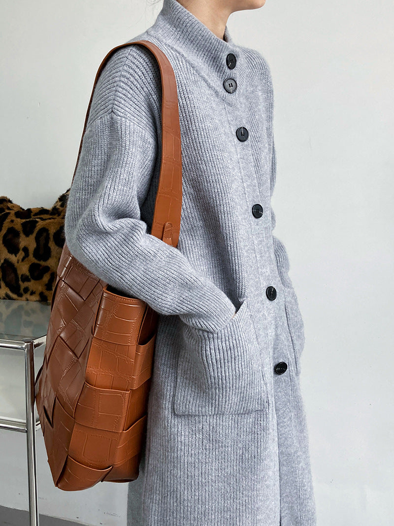 Retro Solid Thicken Knitted Midi Outwear