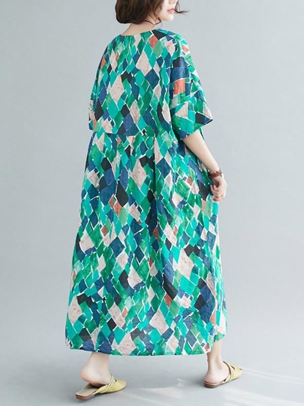 Loose Rhombus Print V-Neck Dress