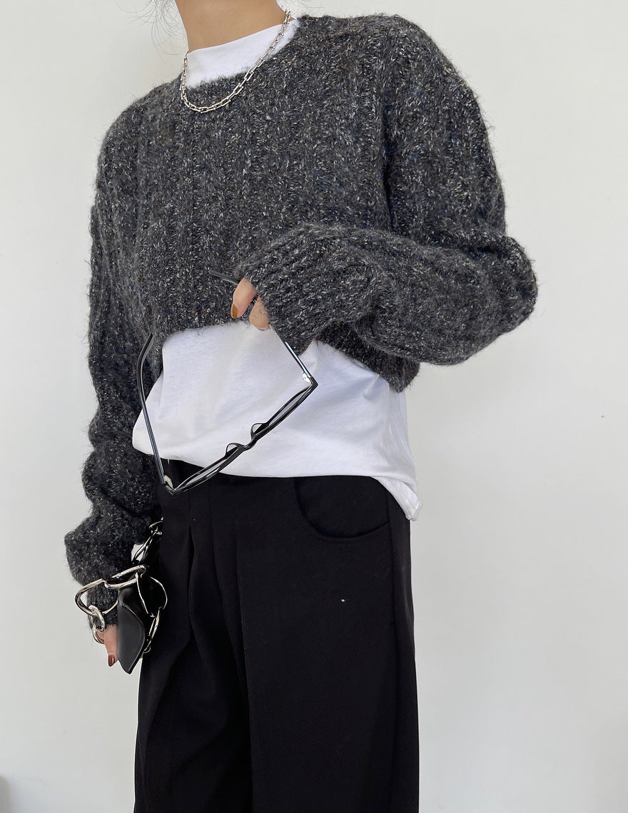 High Waist Short Round Neck Cable Sweater