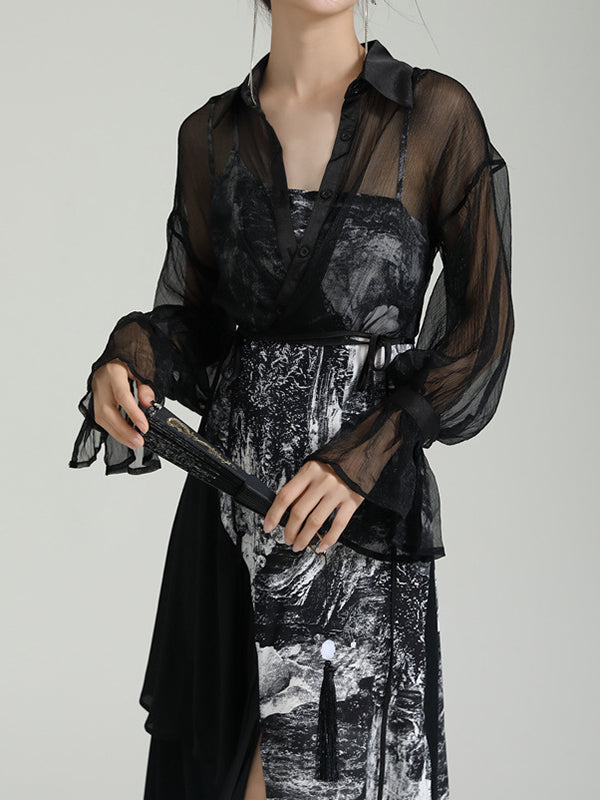 Long Sleeves Roomy Floral Lace-Up See-Through Split-Joint Lapel Blouses&Shirts Tops