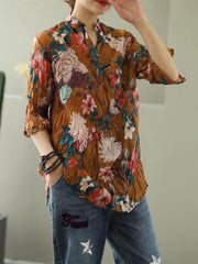 Vintage Floral Three-Quarter Sleeve Stand Collar Shirt