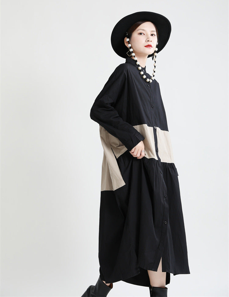 Stitching Contrast Color Loose Big Swing Long Sleeve Dress
