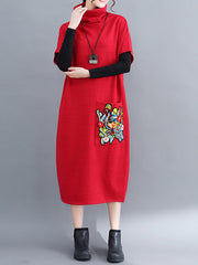 Retro Embroidered High Neck A-Line Midi Dress