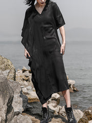 Women V-Neck Asymmetrical Loose Pleated Casual Dress