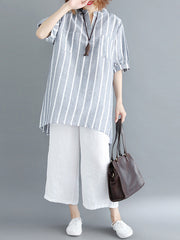 Stand-Up Collar Plus Size Loose Striped Blouses Shirts Top