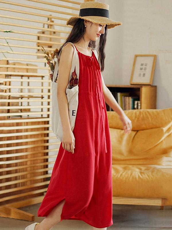 Solid Pleated Sleeveless Casual Dress