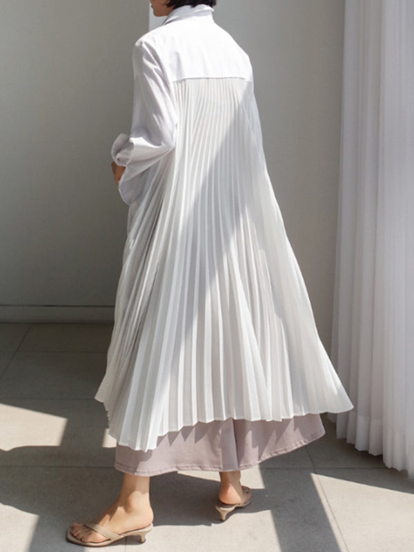 Loose Over Knee Pleated Ruffled Collar Solid Color Dress