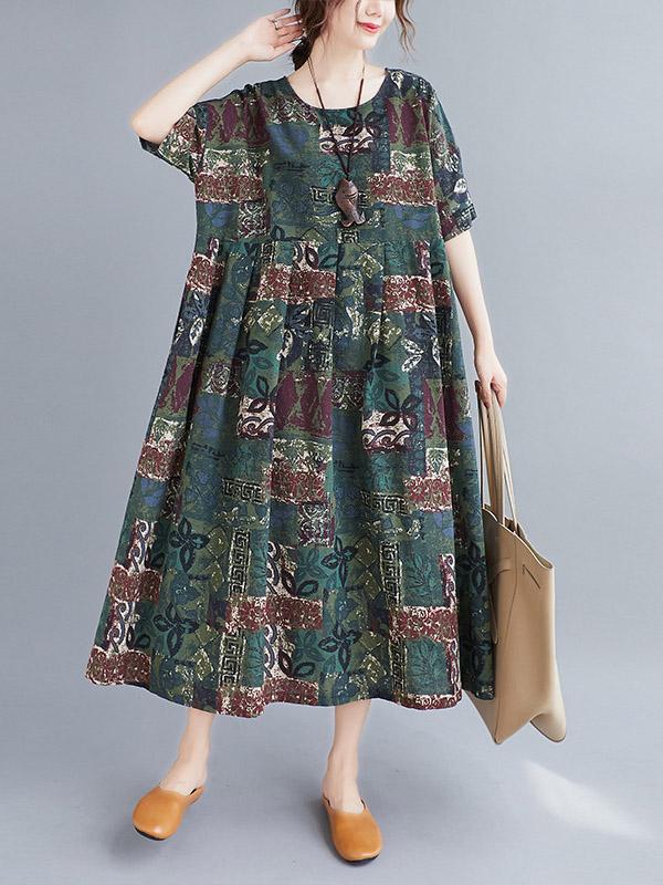 Artistic Retro Printed Round-Neck Dress