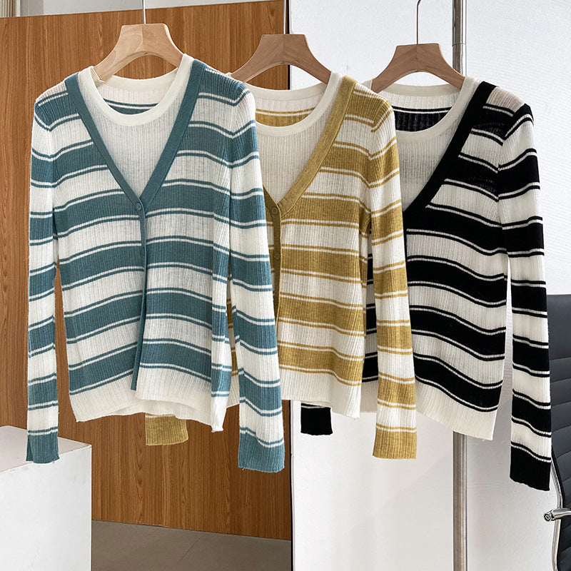 Fake Two Striped Knitted Long Sleeve Sweater Top