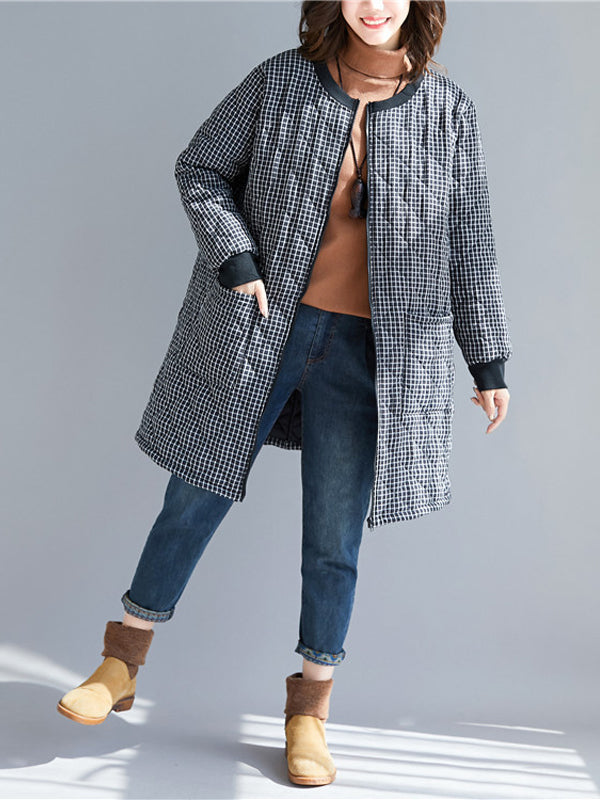 Women Plaid Warm Round Neck Coat