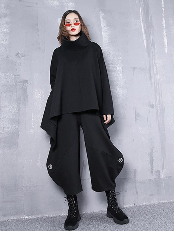 Black Roomy Hollow High-Waist Casual Pants