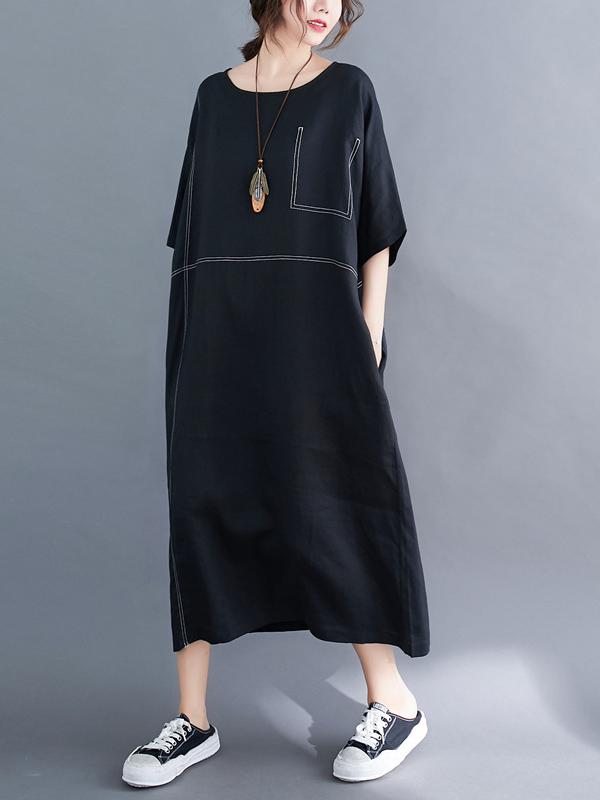 Loose Split-Joint Round-Neck Long Dress