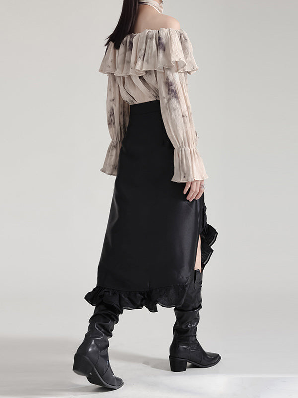 Asymmetric Ruffled Solid Color Split-Joint High Waisted Skirts Bottoms