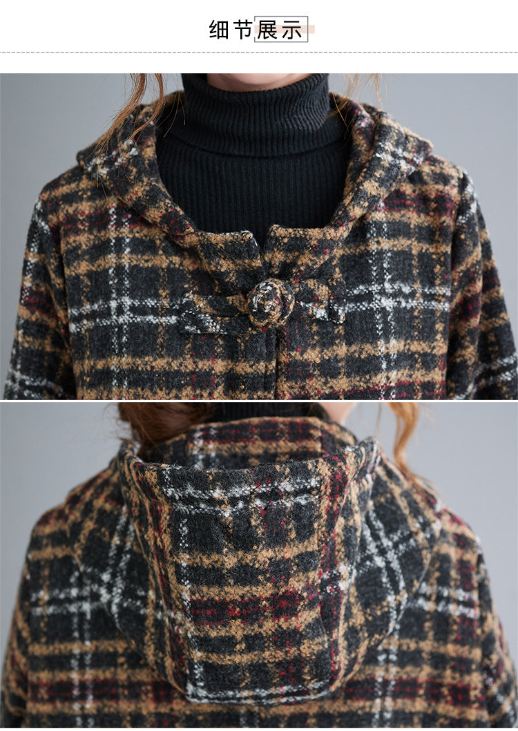 Coil Button Hooded Plaid Coat