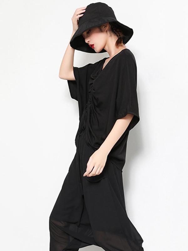 Asymmetric V-Neck Solid T-Shirt Top