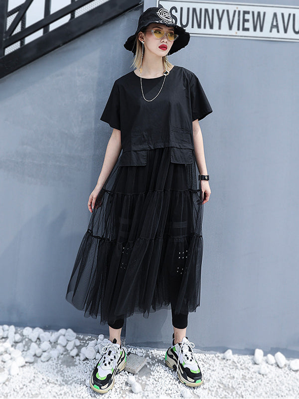 Stylish See-Through Gauze Split-Joint Midi Dress