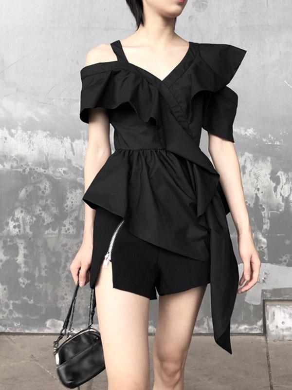 Asymmetric Backless Falbala Solid Shirt