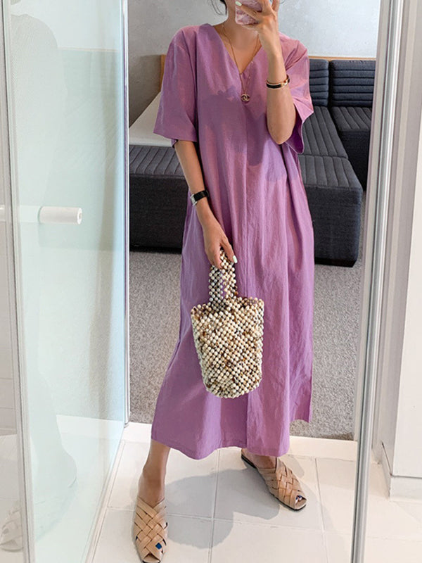 Solid Color Thin V-Neck Short Sleeve Casual Dress