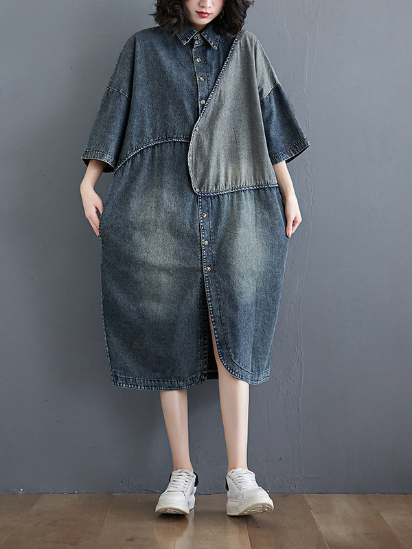 Retro Mid-Length Denim Single-Breasted Patch Coat