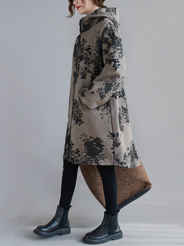 Artistic Retro Loose Floral Printed Hooded Long Sleeves Outwear