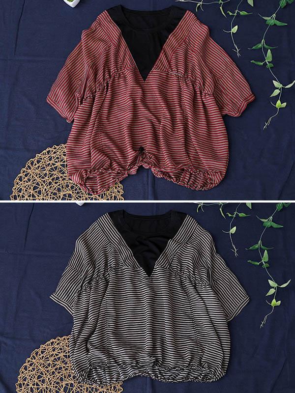 Artistic Striped Split-Joint V-Neck Tops