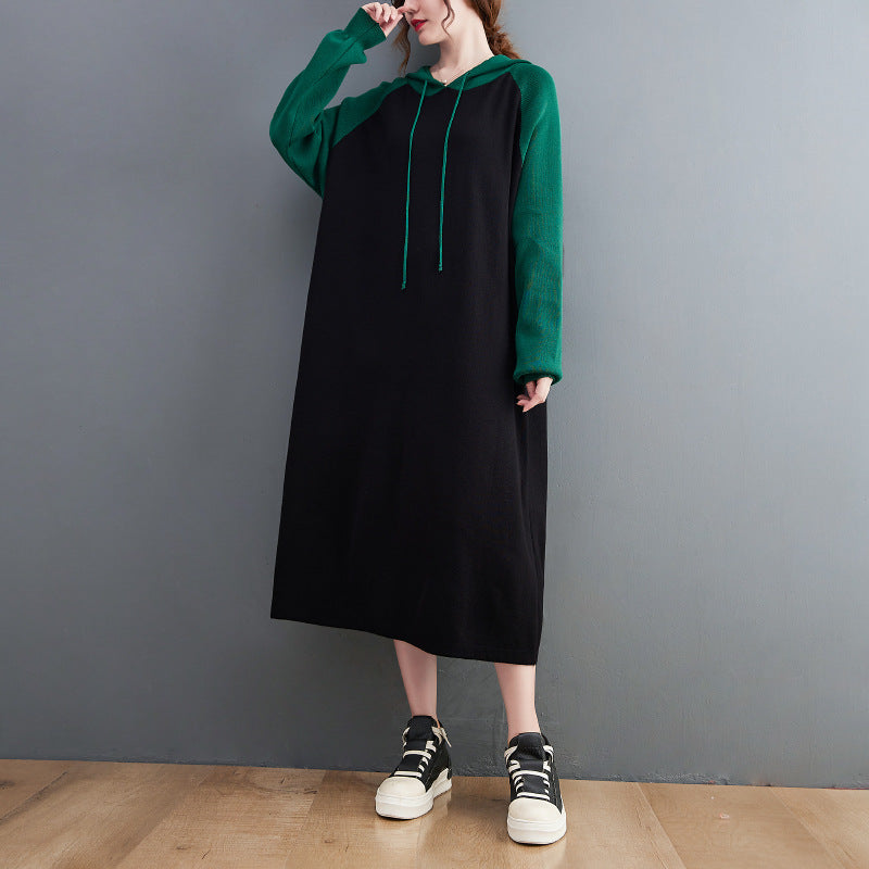 Retro Loose Color-Block Hooded Midi Dress