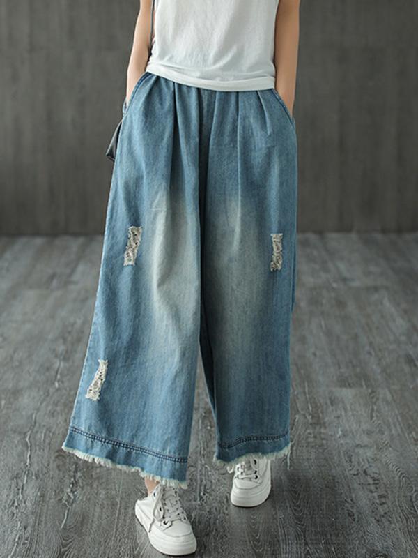 Loose Elastic Waist Wide-Leg Jean Pants