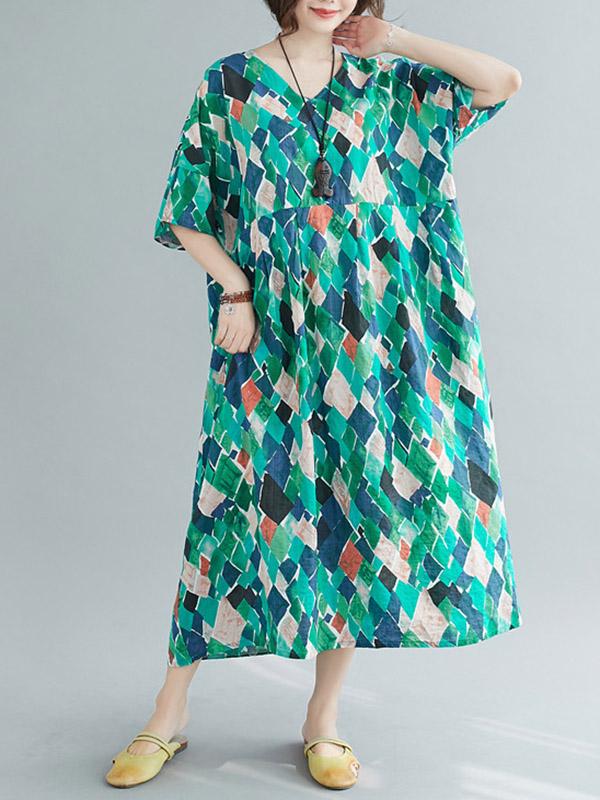 Loose Rhombus Print V-Neck Dress