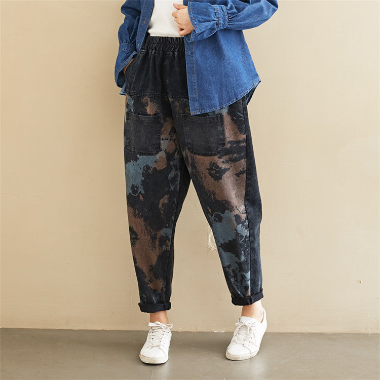 Women Abstract Print Loose Jeans