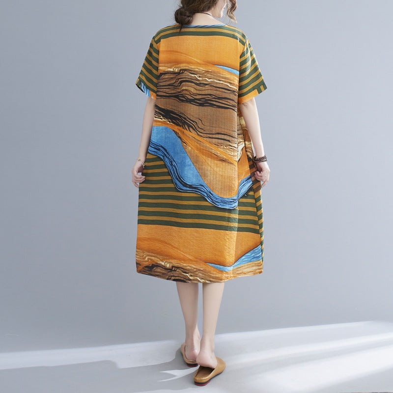 Ethnic Print Loose Round Neck Short Sleeve Dress