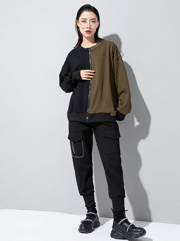 Casual Roomy Long Sleeves Contrast Color Split-Joint Zipper Round-Neck Sweatshirt Tops