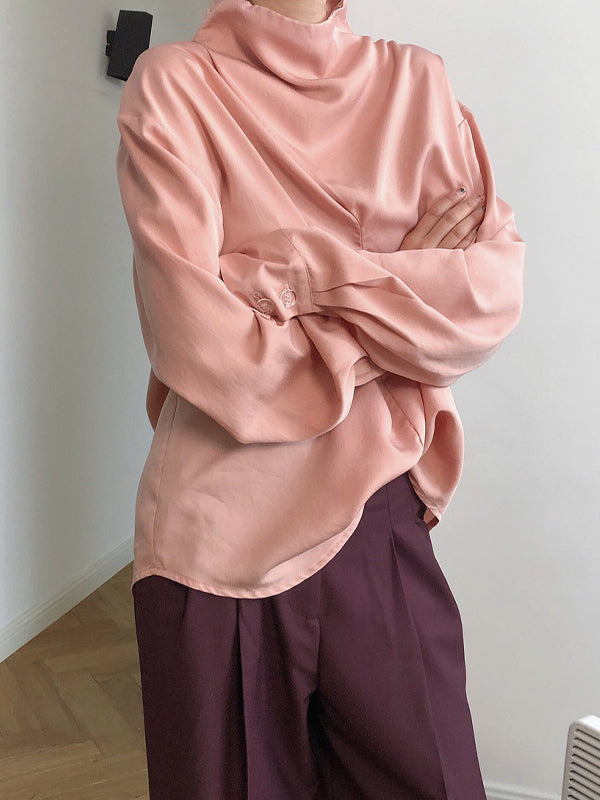 High Neck Solid Color Long Sleeve  Blouses  Shirt  Top