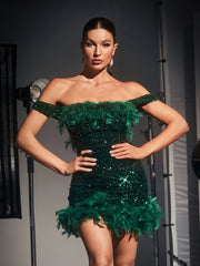 Amaris Off Shoulder Sequin Feather Mini Dress In Green