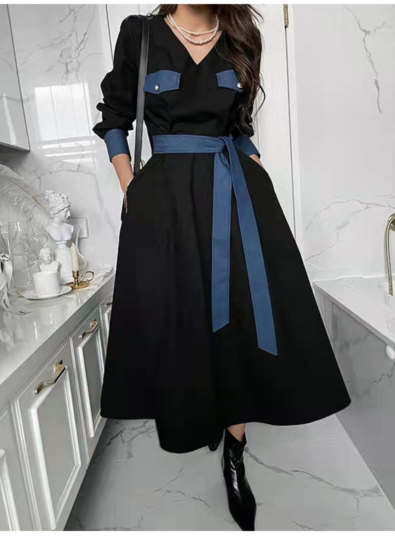 Retro Lace-Up Long-Sleeve V-Neck Midi Dress