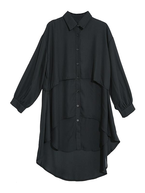 Black Cropped Splicing Lapel Long Shirt