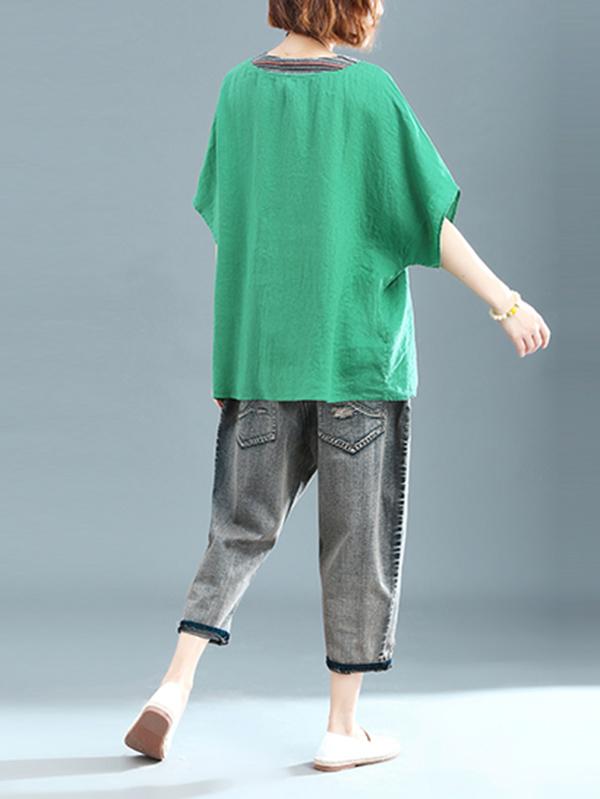 Loose Linen Frog V-neck T-shirt