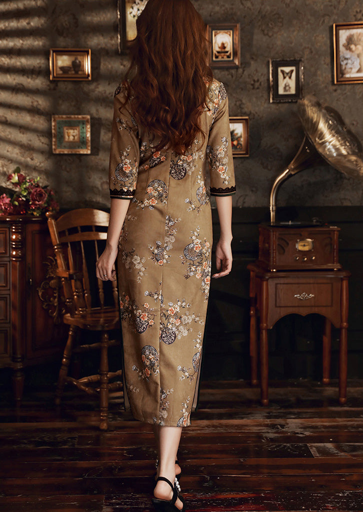 Stand-Up Neckline, High Slit, Seven-Part Sleeve Lace Cheongsam Maxi Dress
