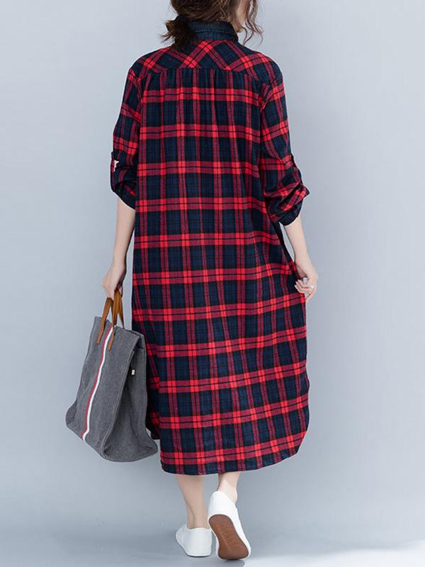 Loose Plaid Split-Joint Shirt Dress