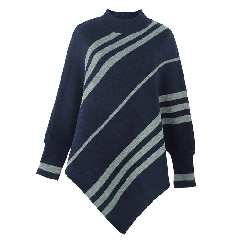 Casual Striped Knitted Round-Neck Shawl Sweater