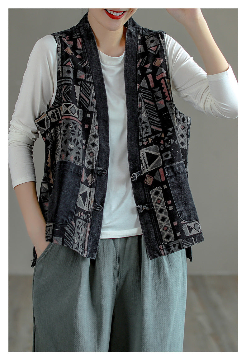 Retro Ethnic Printed Splicing Waistcoat