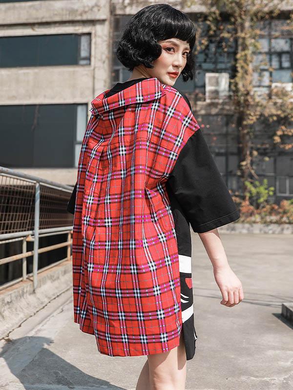 Contrast Color Red Plaid Splicing Printed Long T-Shirt