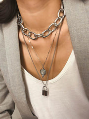 Vintage Chain Choker Layered Lock Pendant Necklaces