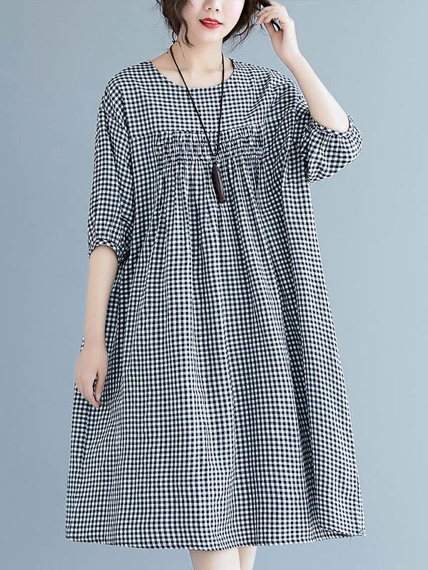 Loose Vintage Puff Sleeve Plaid Dress