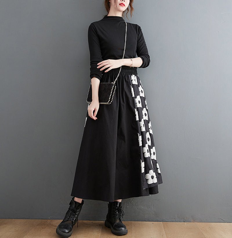 Embroidery Splicing Elastic High Waist A-Line Skirt