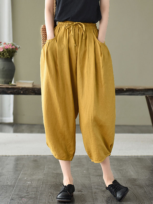 Artistic Retro Drawstring Elasticity Solid Pants