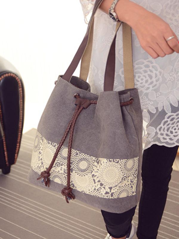 Ethnic Style Printed Canvas Drawstring Bucket Bag