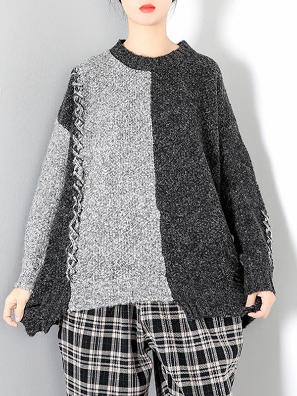 Women Round Neck Pullover Contrast Sweater